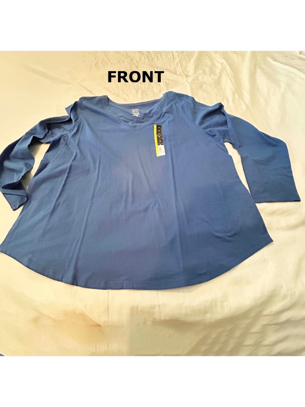 T-SHIRT, MEDIUM BLUE, SIZE 3X, COTTON/SPANDEX, ROUNDED HEMS, LONG SLEEVES, ROUND